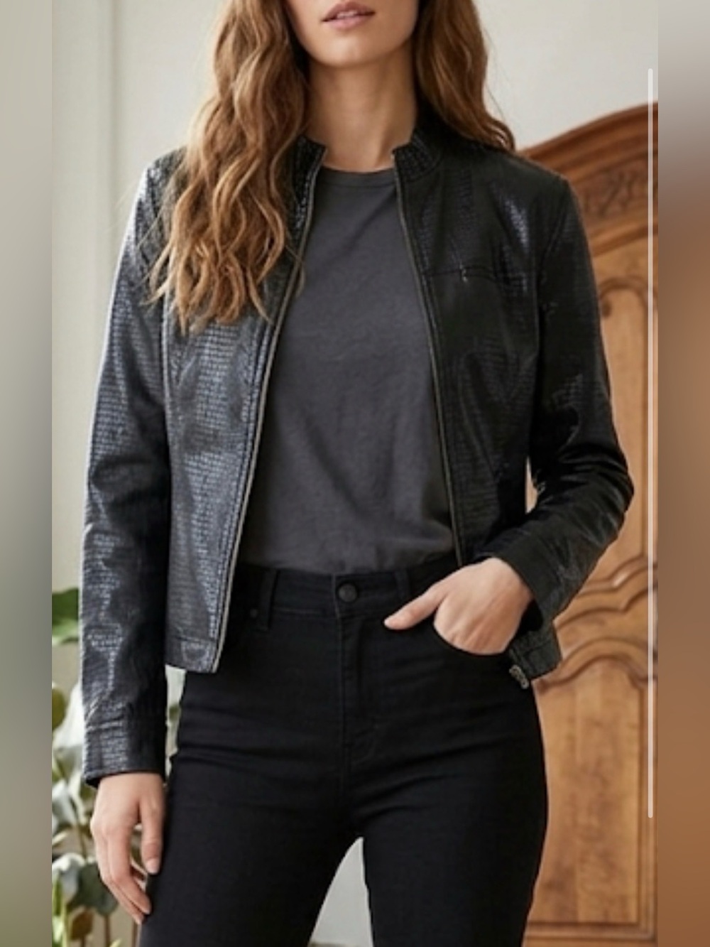 Rafaella Black Snakeskin print Leather Zip Up Blazer Style Moto Jacket